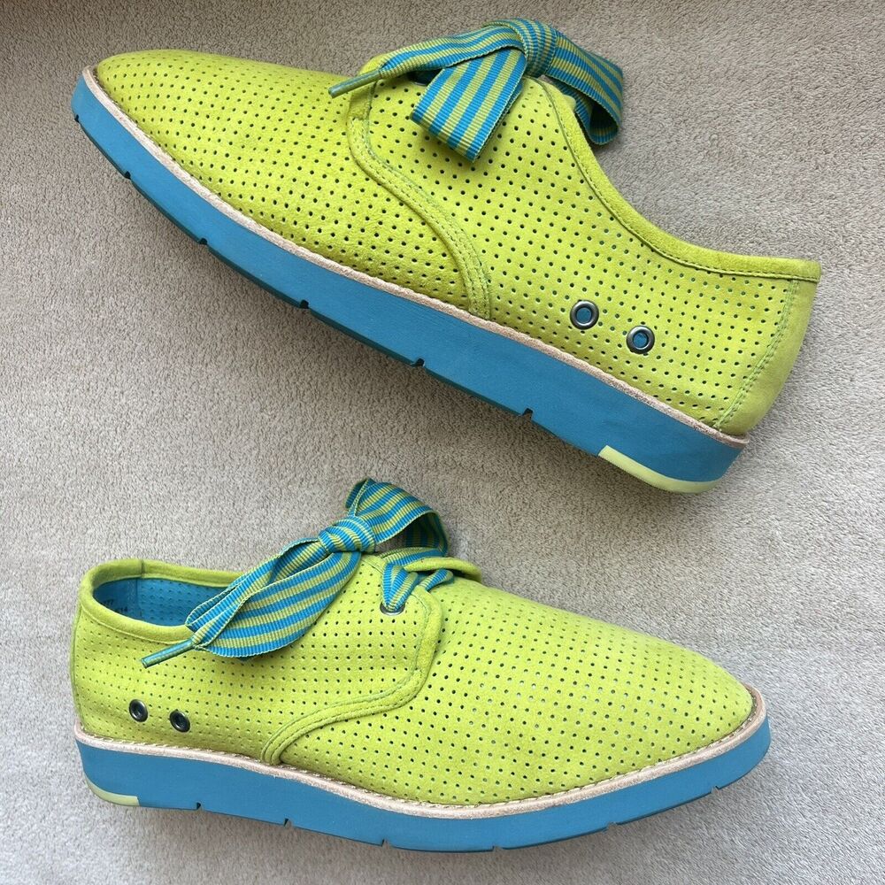 Johnston & Murphy Lime Green Suede Oxfords Turquoise Striped Laces Women's 9 M